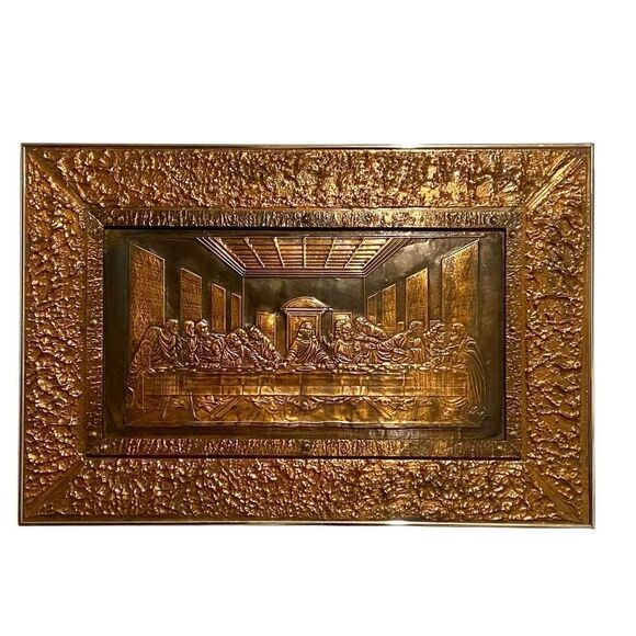 Da Vinci 'The Last Supper' in Copper Metal Tooled Relief German Art Picture Vint - Picture 1 of 6